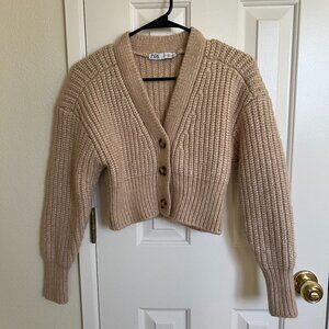 ZARA Women Chunky Sweater Cardigan 2488/117, Tan/Sand, Size XS